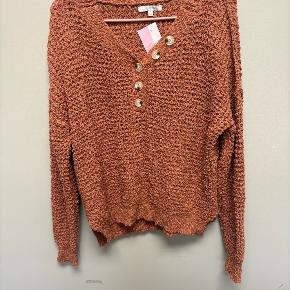 Veveret Cozy Knit Henley Sweater in Rust - Picture 2 of 6
